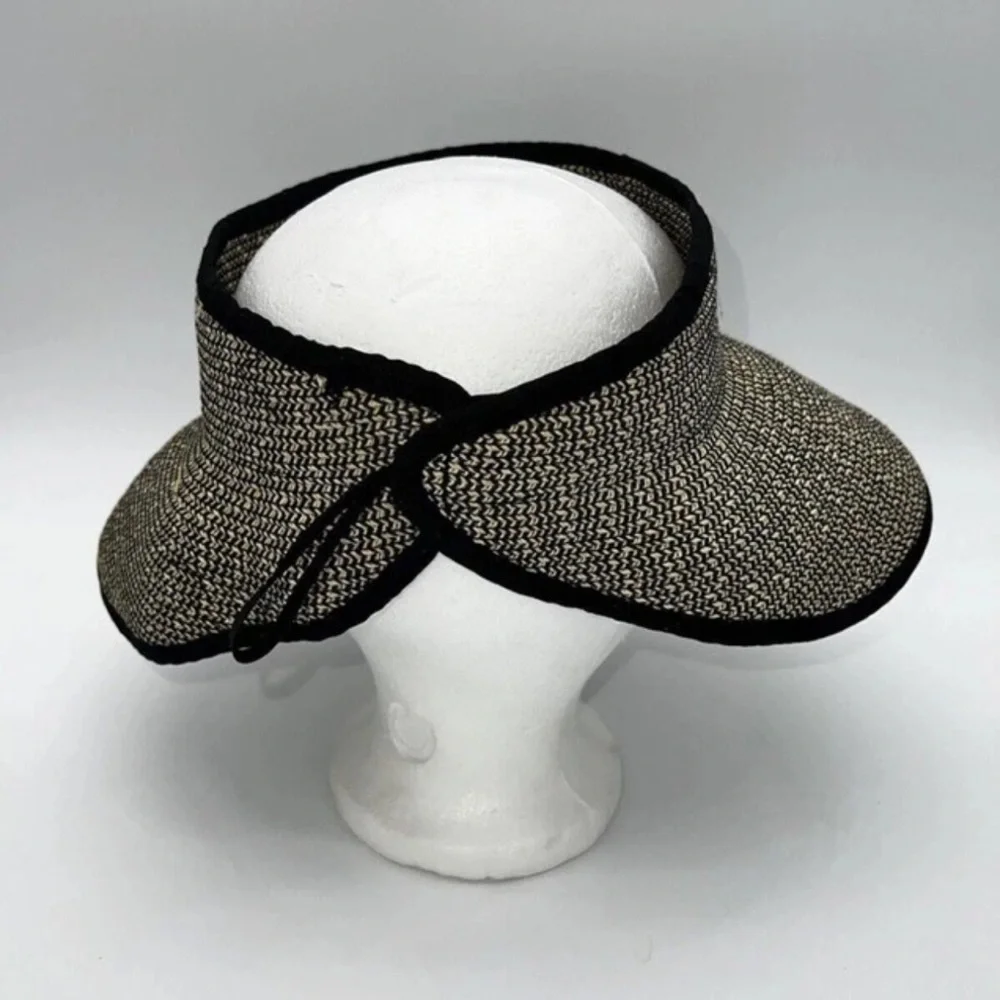 Bijoux Terner Roll up Packable Travel Sun Hat Straw Black Visor Beach Vacation